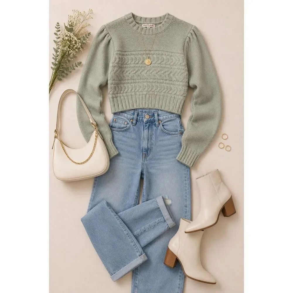 For Love & Lemons Sage Cable Knit Cropped Sweater Puff Sleeve Cozy Size Small